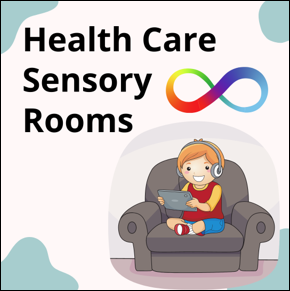 Health Care Sensory Rooms. A child wearing headphones sitting on a chair with a tablet. 
										